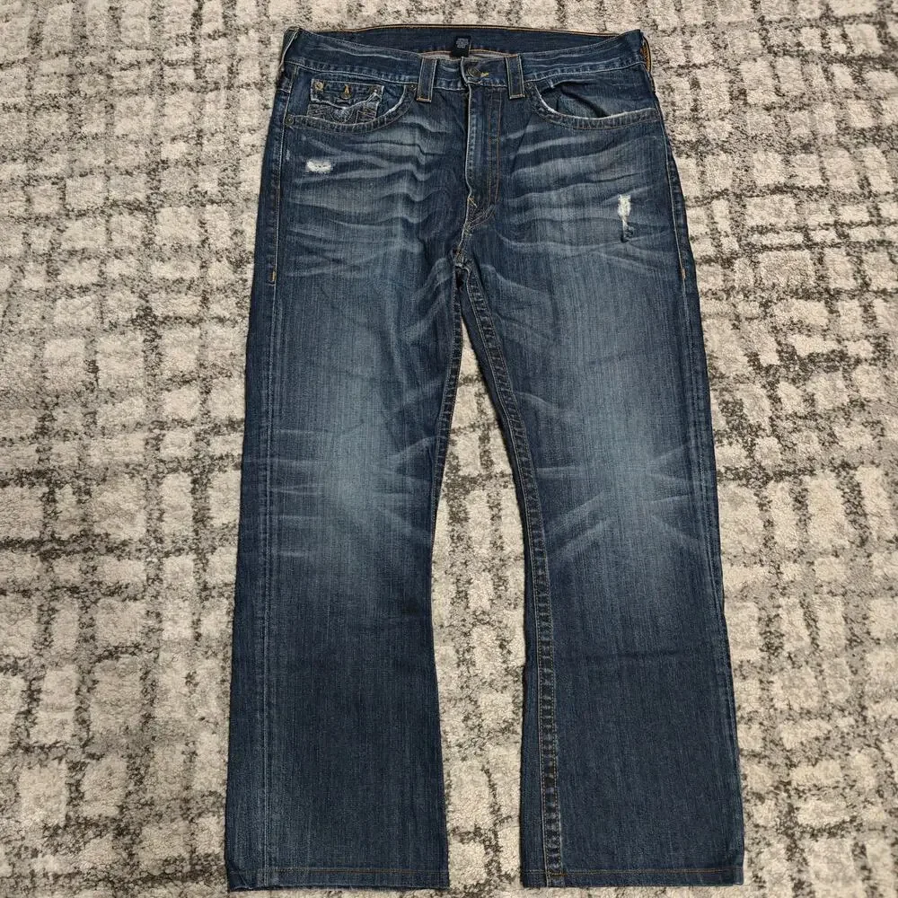 True Religion Ricky Relaxed Straight Jeans Men's 38 Flap Pocket Distressed Blue